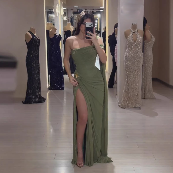 Luxury Olive Green Chiffon Off Shoulder Prom Evening Dress With Slit LA73653