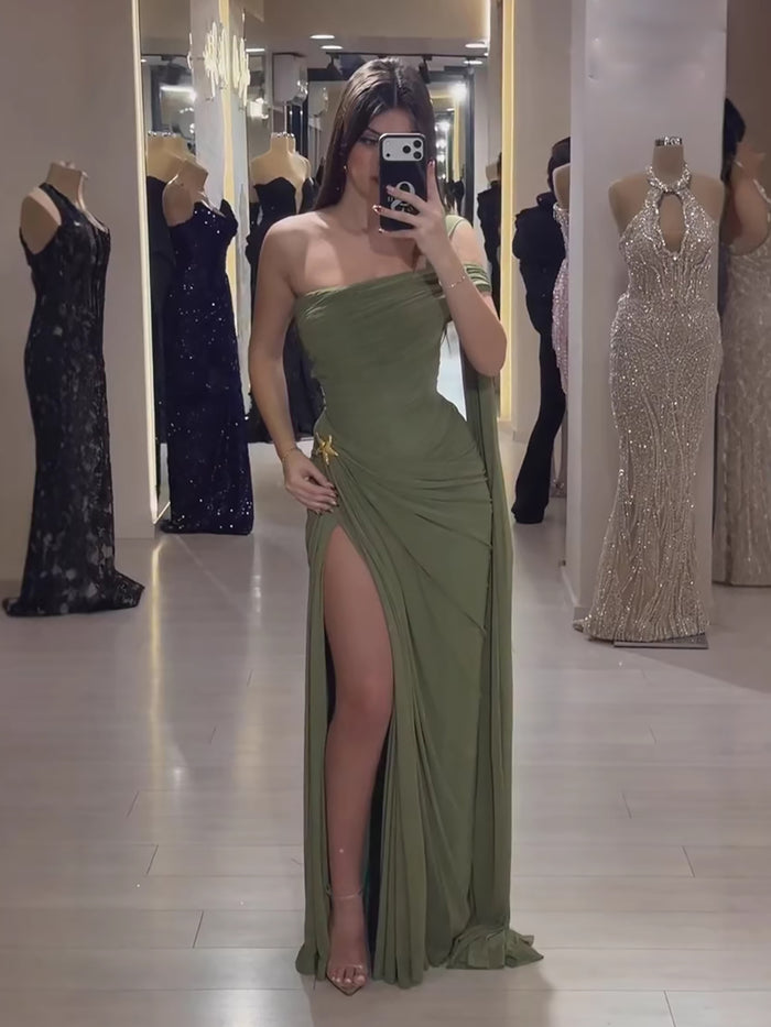Luxury Olive Green Chiffon Off Shoulder Prom Evening Dress With Slit LA73653