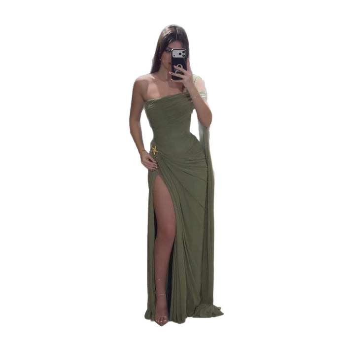 Luxury Olive Green Chiffon Off Shoulder Prom Evening Dress With Slit LA73653