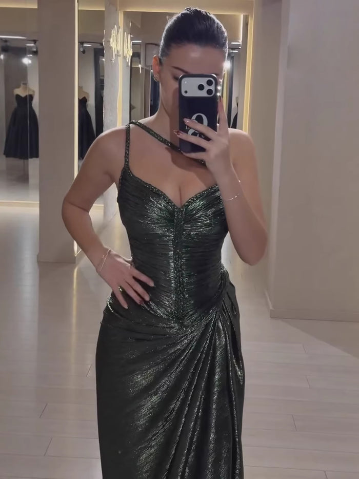 Luxury Olive Green Corset Beaded One Shoulder Evening Dress With Slit LA73654