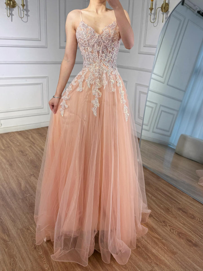 Luxury Peach Beaded Appliques A-Line Prom Dress LA73578