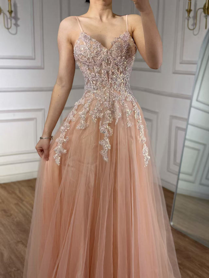 Luxury Peach Beaded Appliques A-Line Prom Dress LA73578