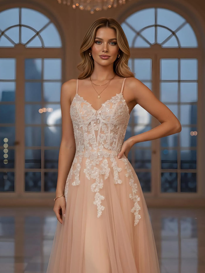 Luxury Peach Beaded Appliques A-Line Prom Dress LA73578