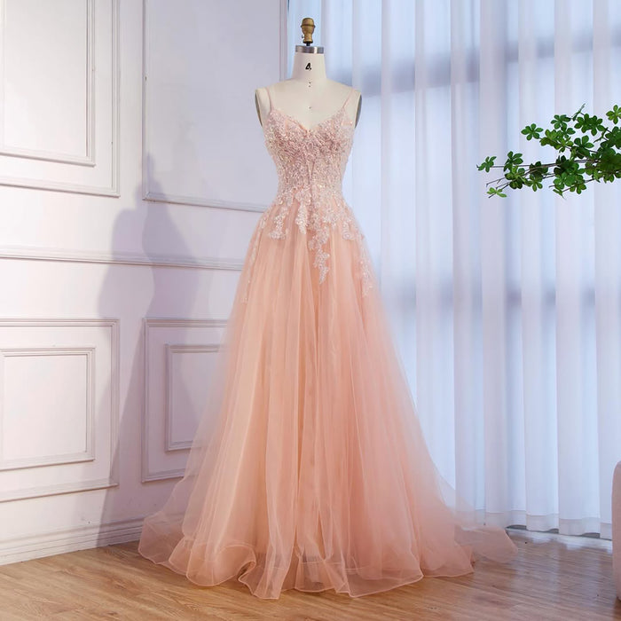Luxury Peach Beaded Appliques A-Line Prom Dress LA73578
