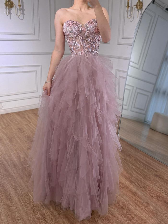 Luxury Pink Beaded Appliques A Line Prom Dress High Split LA73559