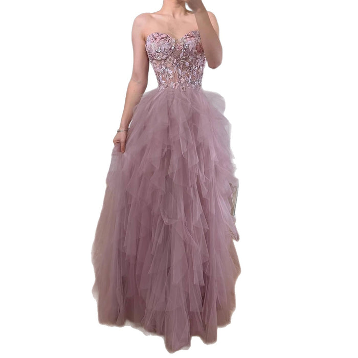 Luxury Pink Beaded Appliques A Line Prom Dress High Split LA73559