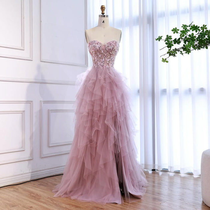 Luxury Pink Beaded Appliques A Line Prom Dress High Split LA73559