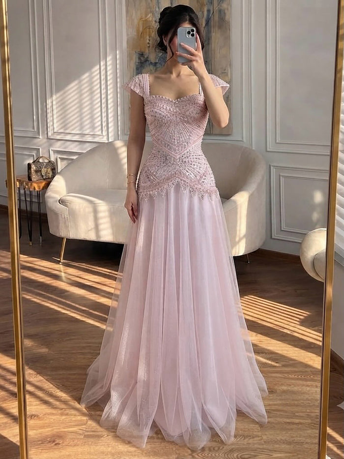 Luxury Pink Beaded Cap Sleeve Lace Up A-Line Dress LA73844 SERENE HILL
