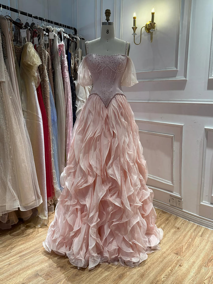 Luxury Pink Beaded Corset Ruffled Slit Evening Gown LA73368B SERENE HILL