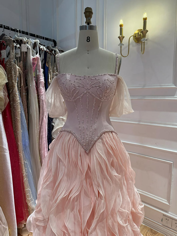 Luxury Pink Beaded Corset Ruffled Slit Evening Gown LA73368B SERENE HILL