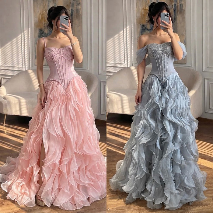 Luxury Pink Beaded Corset Ruffled Slit Evening Gown LA73368B SERENE HILL