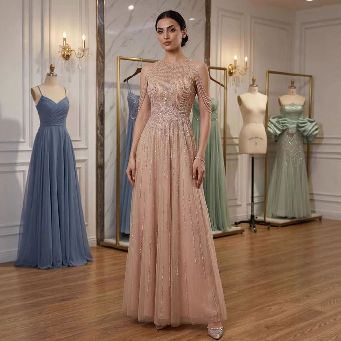 Luxury Pink Beaded Tassel A-Line Evening Dress LA70266