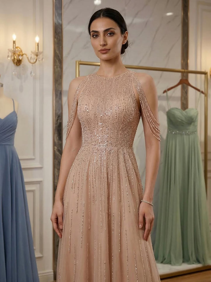 Luxury Pink Beaded Tassel A-Line Evening Dress LA70266