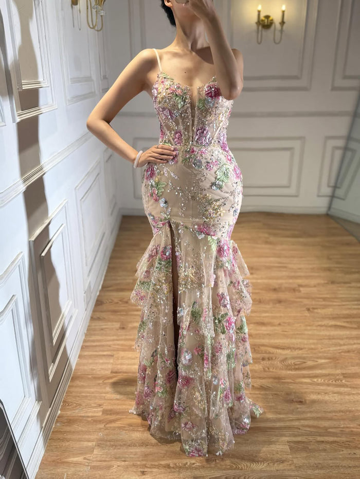 Luxury Pink Floral Beaded Spaghetti Strap Mermaid Dress LA73552E