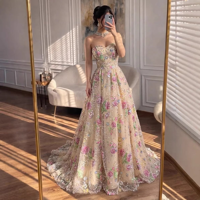 Luxury Pink Floral Beaded Strapless A-Line Evening Gown LA73552D
