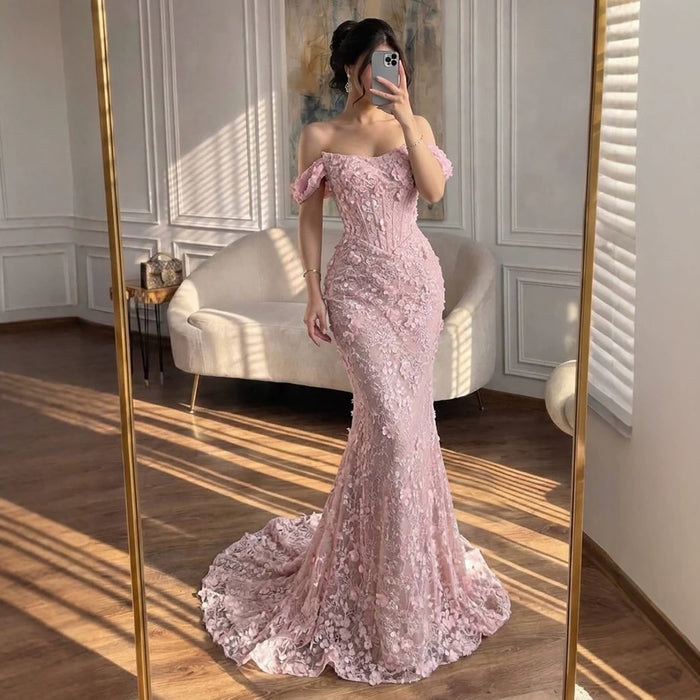 Luxury Pink Mermaid Off-Shoulder 3D Floral Lace Dress LA73788 SERENE HILL