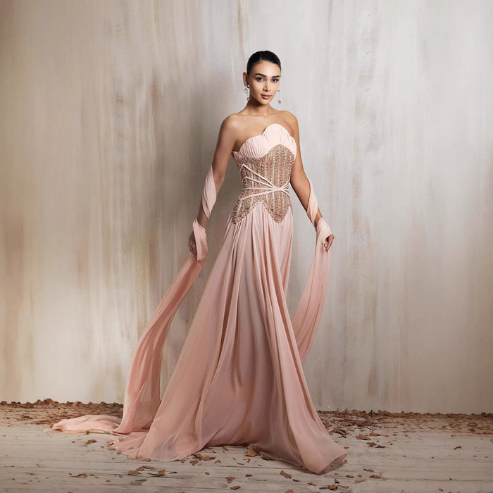 Luxury Pink Pearls Beaded Strapless A-Line Evening Dress LA73685 - SERENE  HILL