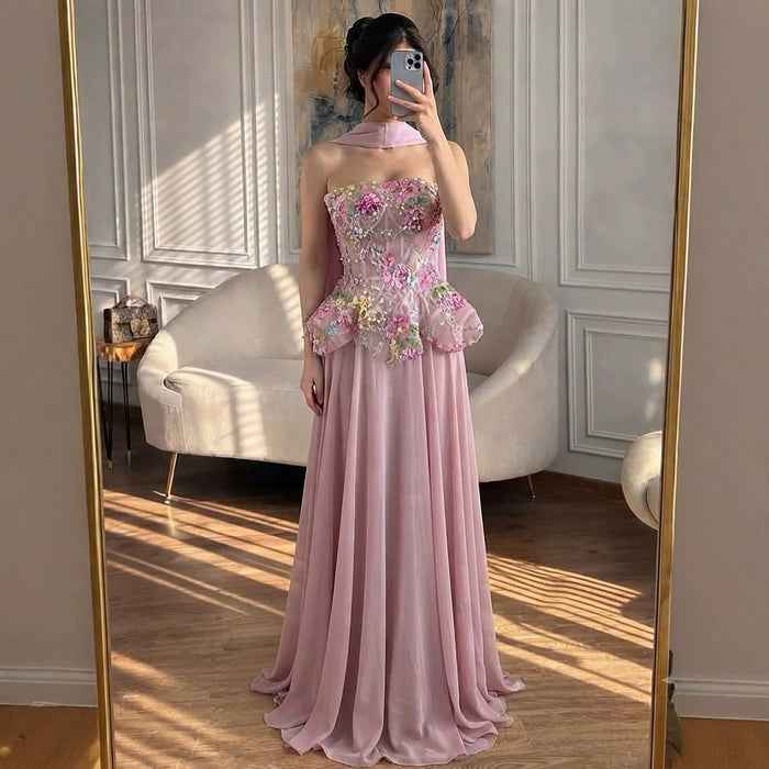 Luxury Pink Strapless Floral Beaded Peplum Evening Dress LA72915A SERENE HILL