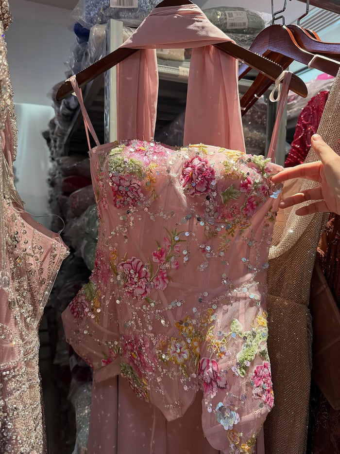 Luxury Pink Strapless Floral Beaded Peplum Evening Dress LA72915A SERENE HILL