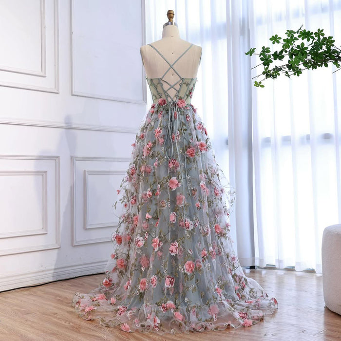 Luxury Sage Green 3D Floral Beaded A-Line Prom Dress LA73560