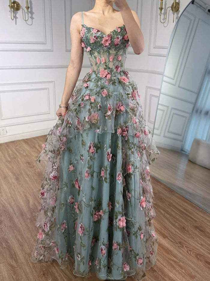 Luxury Sage Green 3D Floral Beaded A-Line Prom Dress LA73560