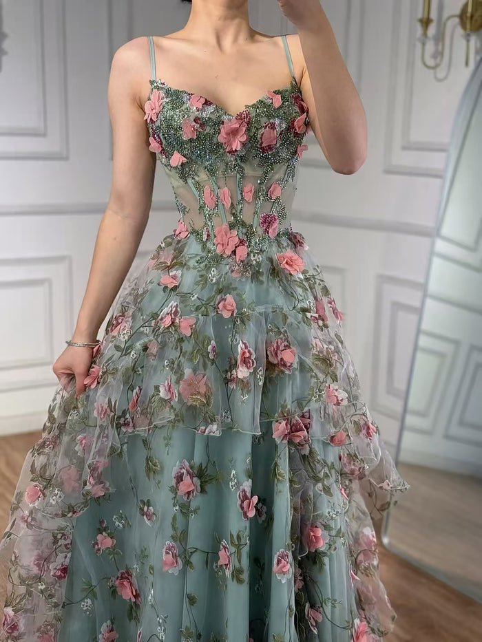 Luxury Sage Green 3D Floral Beaded A-Line Prom Dress LA73560