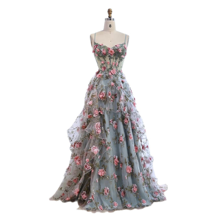 Luxury Sage Green 3D Floral Beaded A-Line Prom Dress LA73560