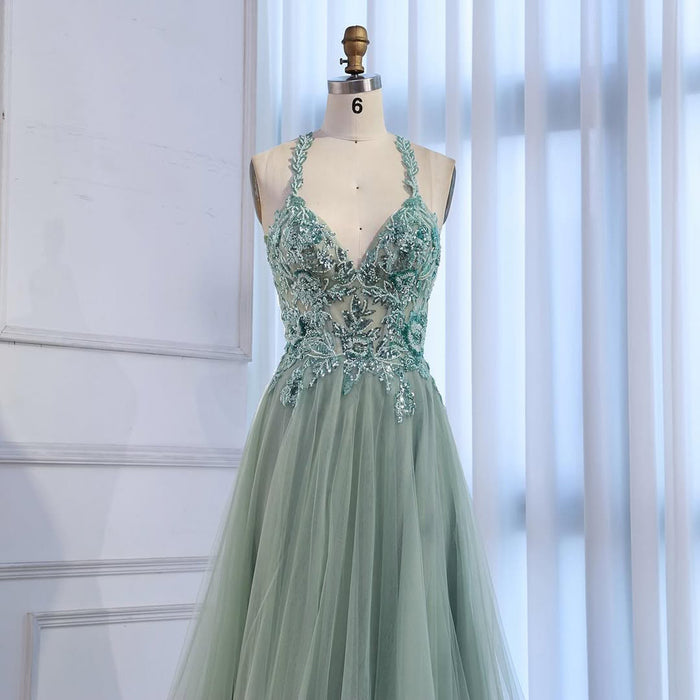 Luxury Sage Green Beaded Appliques A Line Evening Dress LA73568