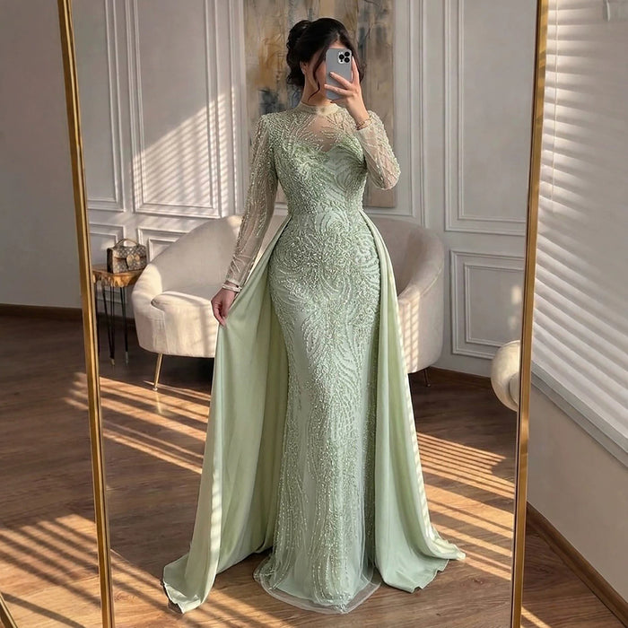 Luxury Sage Green Beaded Mermaid Dress with Overskirt LA73716 SERENE HILL