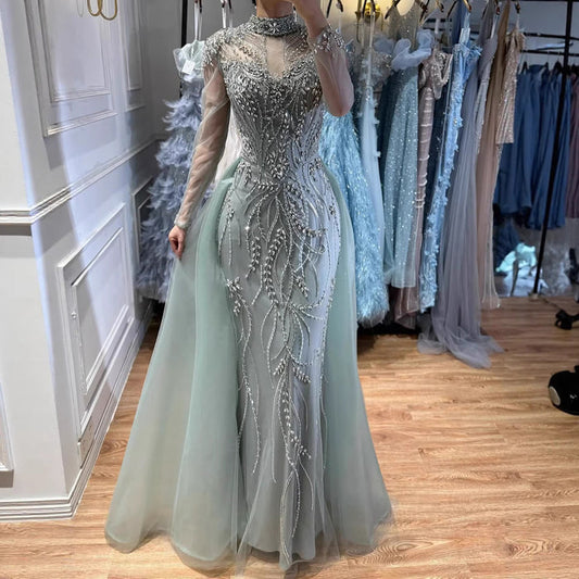 Luxury Sage Green Beaded Mermaid Evening Dress with Overskirt LA73647