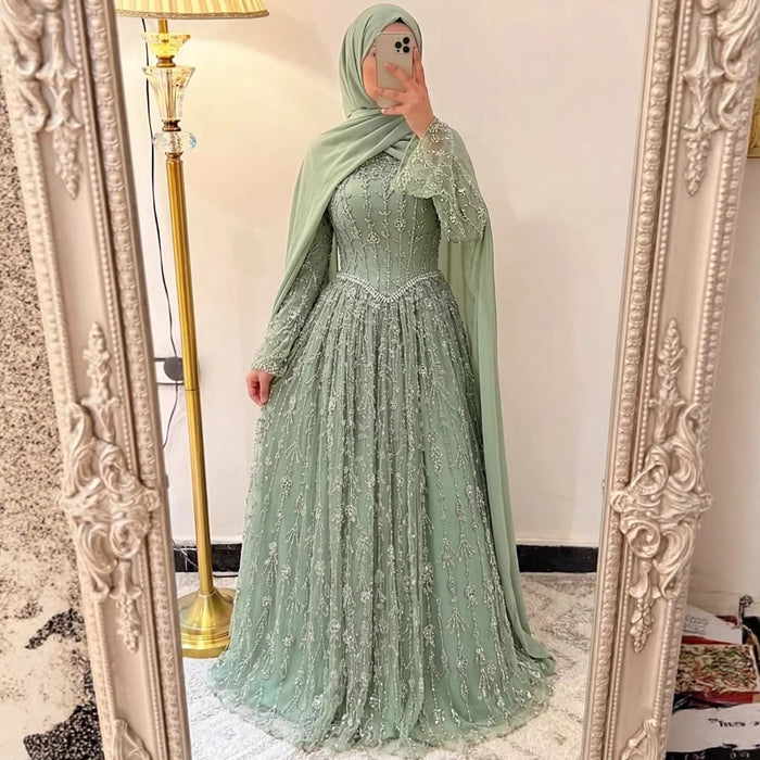 Luxury Sage Green Muslim Long Sleeve A-Line Evening Dress LA72805E - SERENE  HILL