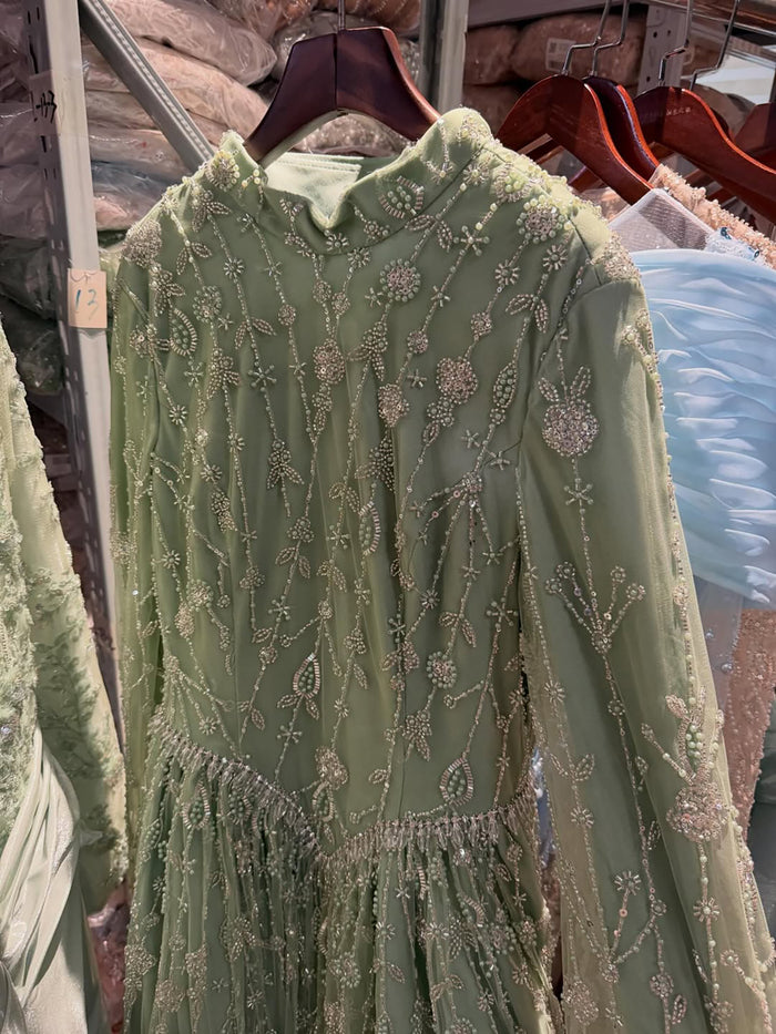 Luxury Sage Green Muslim Long Sleeve A-Line Evening Dress LA72805E