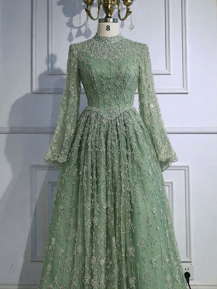 Luxury Sage Green Muslim Long Sleeve A-Line Evening Dress LA72805E - SERENE  HILL