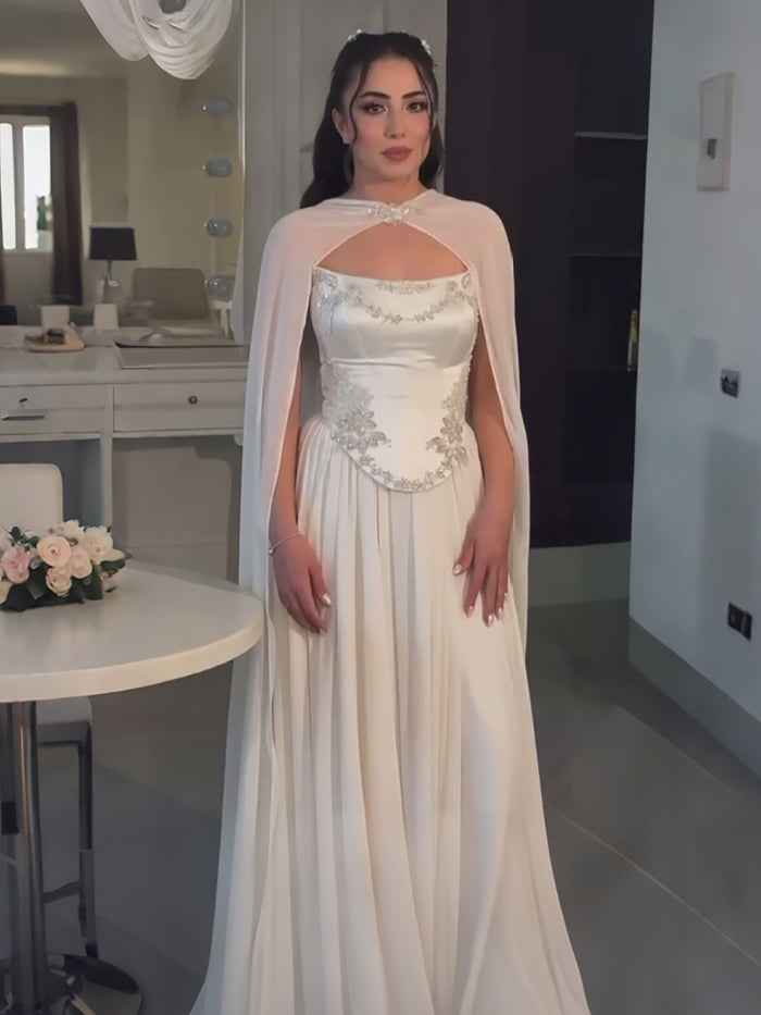Luxury White A-Line Evening Dress With Cape Beaded Appliques LA73666