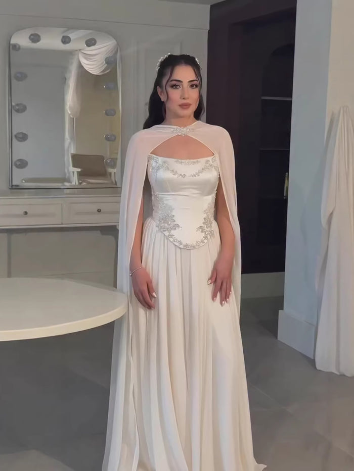 Luxury White A-Line Evening Dress With Cape Beaded Appliques LA73666