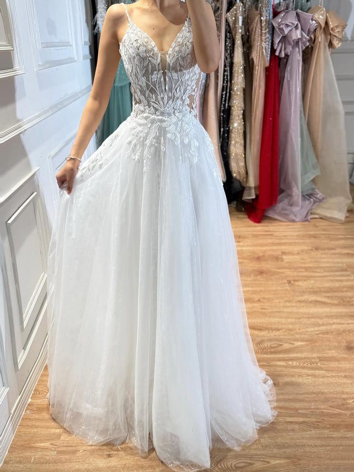 Luxury White Spaghetti Strap Floral Lace A-Line Dress LA73767 SERENE HILL