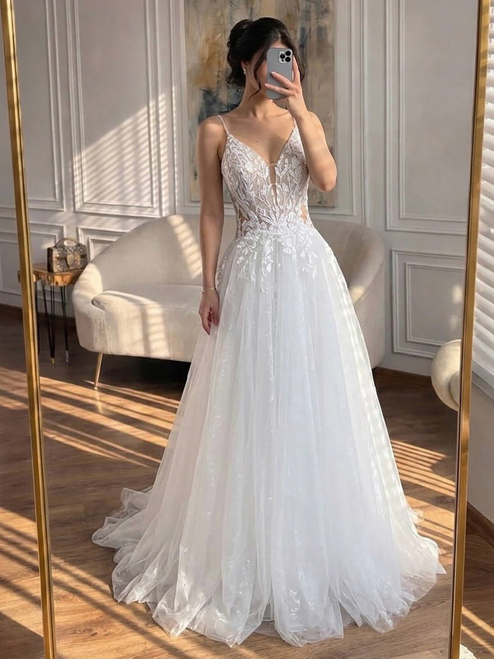 Luxury White Spaghetti Strap Floral Lace A-Line Dress LA73767 SERENE HILL