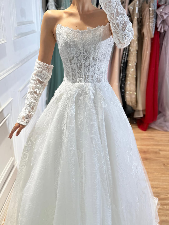 Luxury White Strapless Lace Corset Detachable Sleeve A Line Dress HA2536 SERENE HILL
