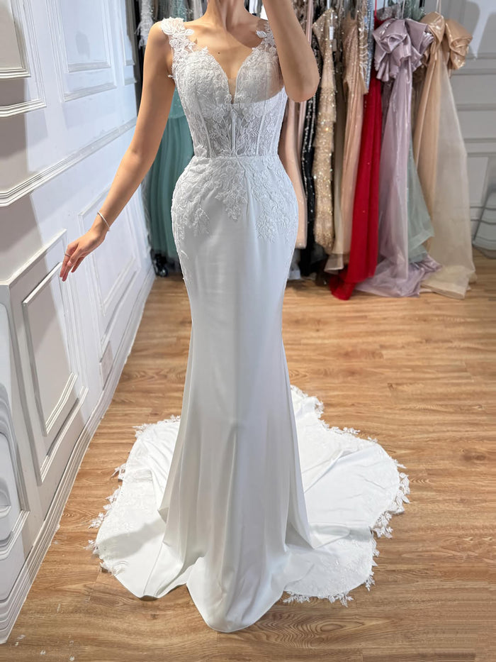 Luxury White V Neck See Through Lace Mermaid Dress LA73690 SERENE HILL