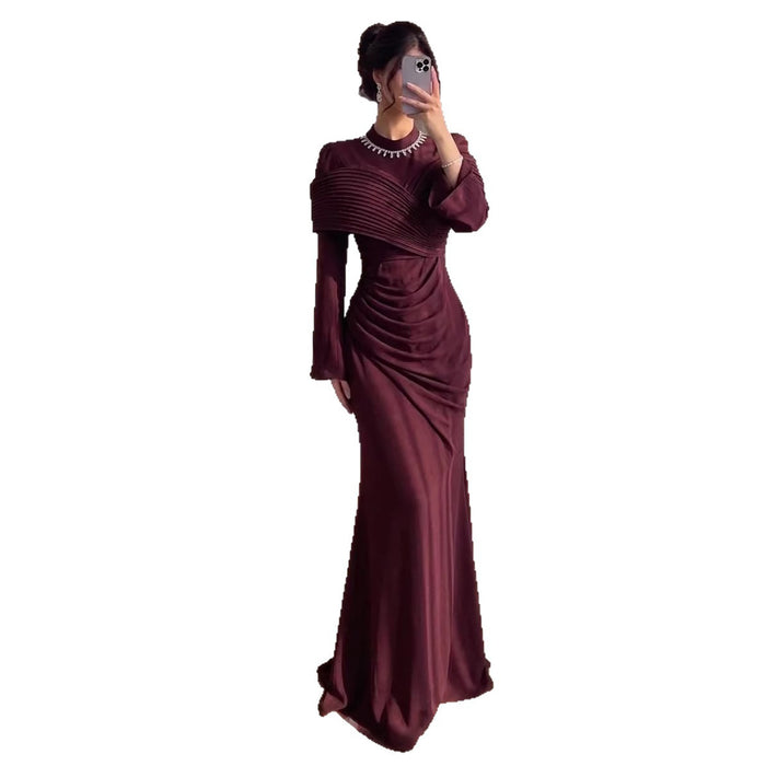 Luxury Wine Red Crystal Mermaid Ruched Long Sleeve Evening Dress LA73768 - SERENE  HILL