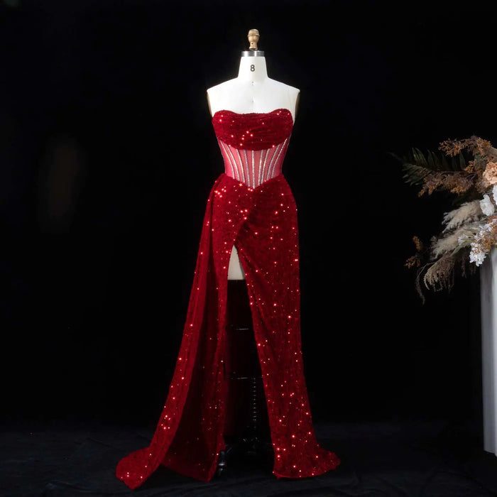 Luxury Wine Red Sheer Corset Prom Dress with High Slit SH190 Sheer Fairy
