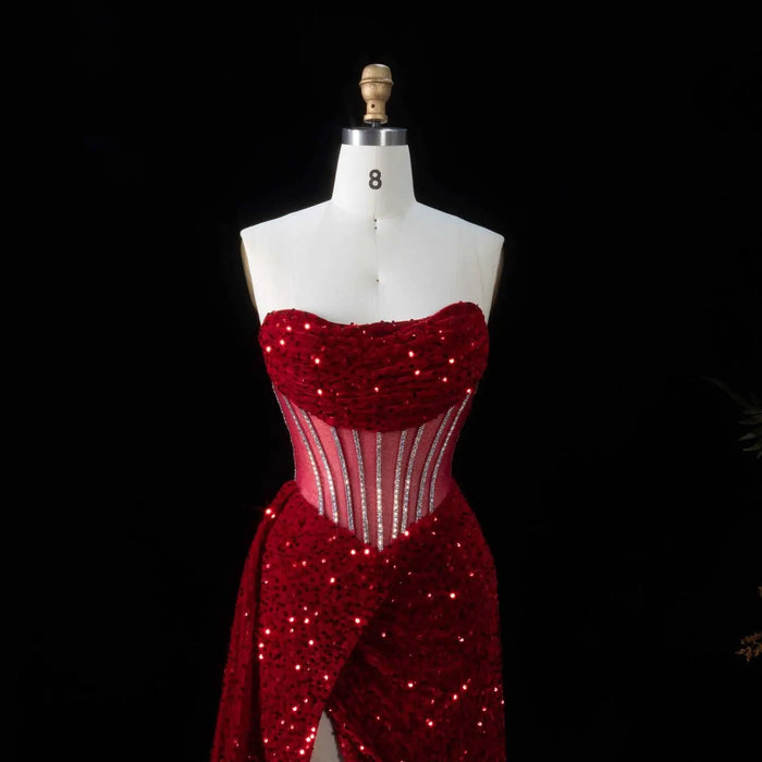 Luxury Wine Red Sheer Corset Prom Dress with High Slit SH190 Sheer Fairy