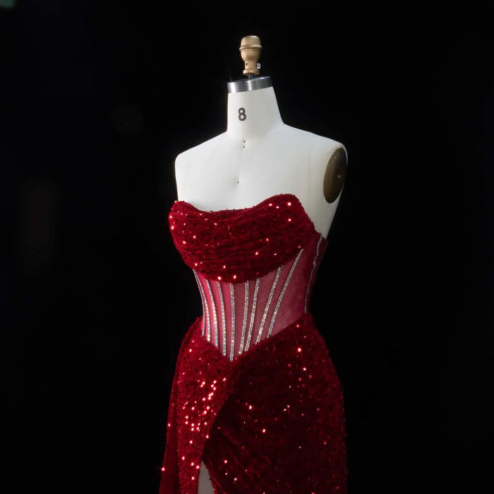 Luxury Wine Red Sheer Corset Prom Dress with High Slit SH190 Sheer Fairy