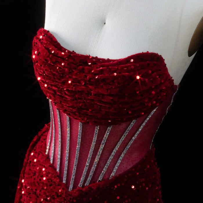 Luxury Wine Red Sheer Corset Prom Dress with High Slit SH190 Sheer Fairy