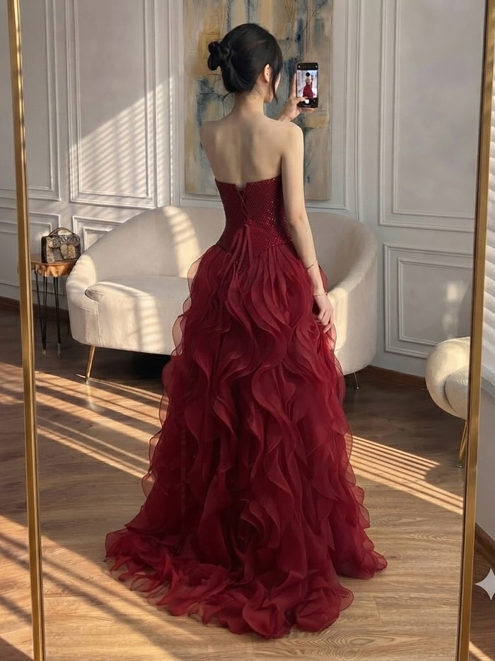 Luxury Wine Red Strapless Basque Shimmering Cascading Ruffle Dress LA73852 SERENE HILL
