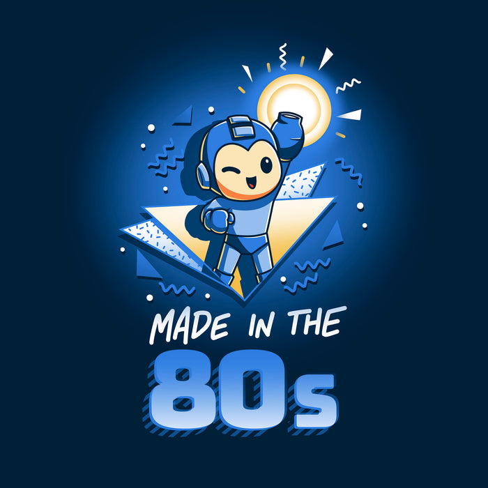 Crew Neck Sweatshirt_TeeTurtle navy blue Made in the 80s featuring a winking Mega Man with his blaster arm in the air surrounded by 80s graphic elements, and the caption, "Made in the 80s".