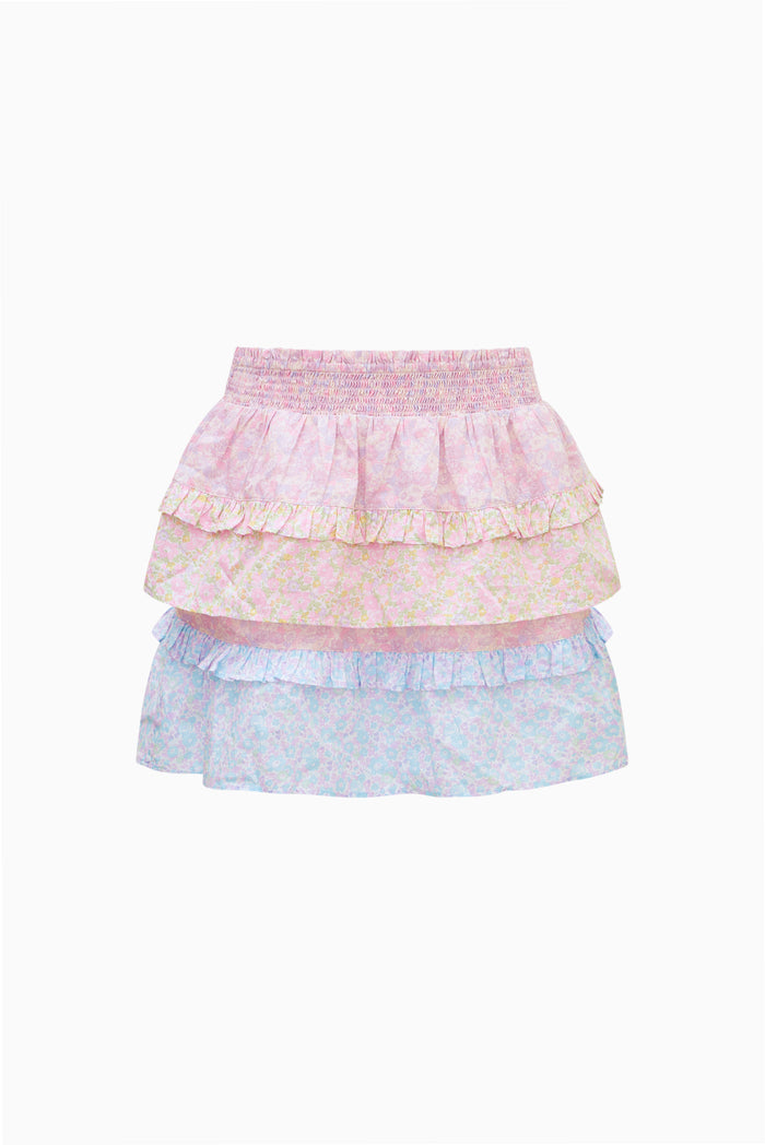 Pastel-colored tiered mini skirt on a white background
