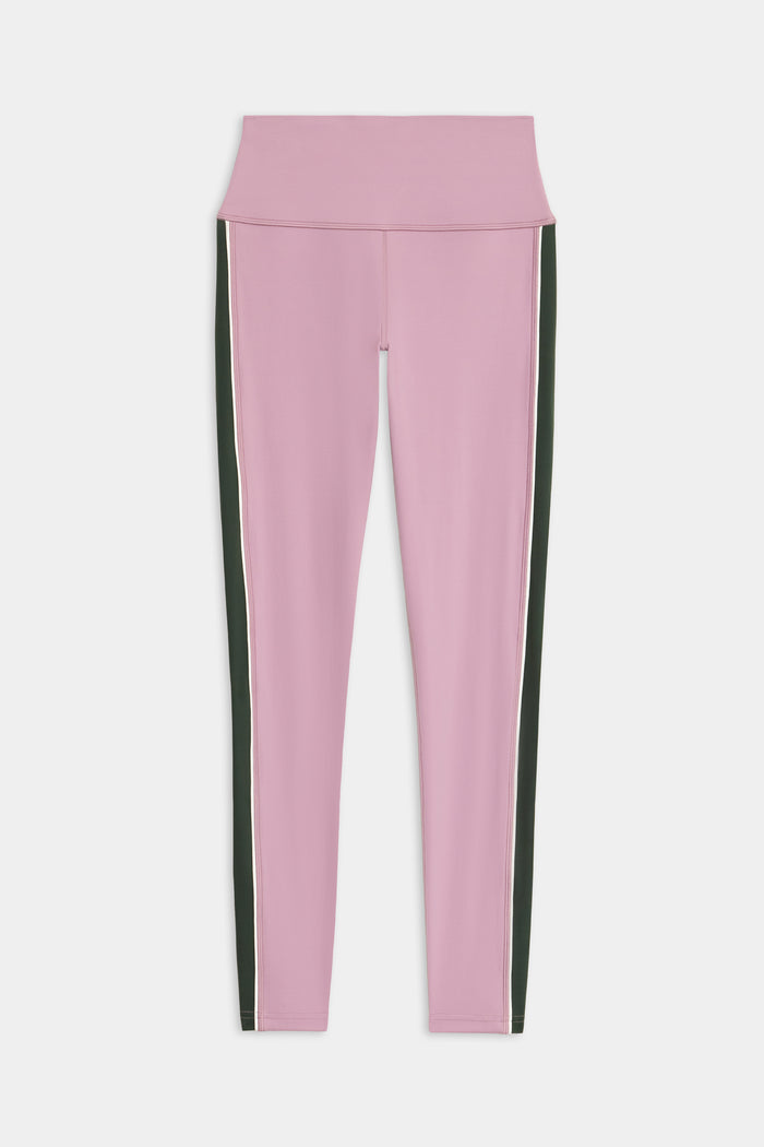 SPLITS59 Margot Rigor Legging in Blush/Military, featuring pink high-waisted design with dark green side panels and a thin white stripe along each side, shown on a white background.