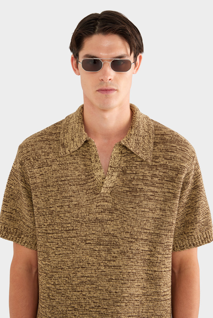 Marled Cotton Linen Polo - Brown/Wheat - XS