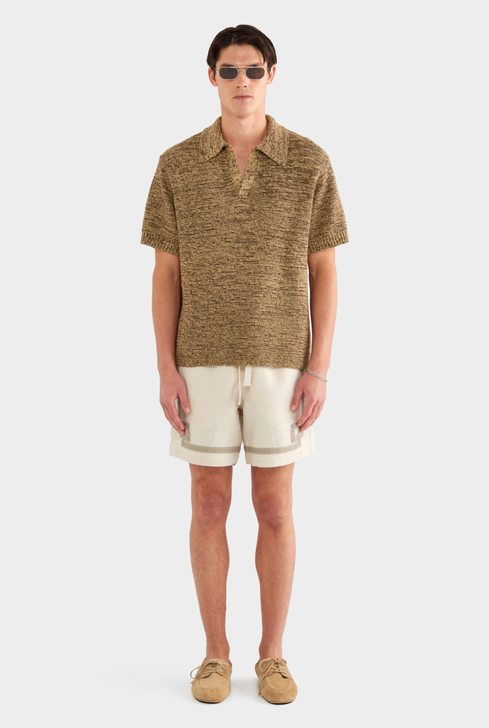 Marled Cotton Linen Polo - Brown/Wheat - XS